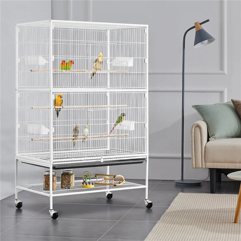 52″ H Rolling Metal Parrot Cage with 3 Perches & 4 Feeders & Extra Storage Shelf, White
