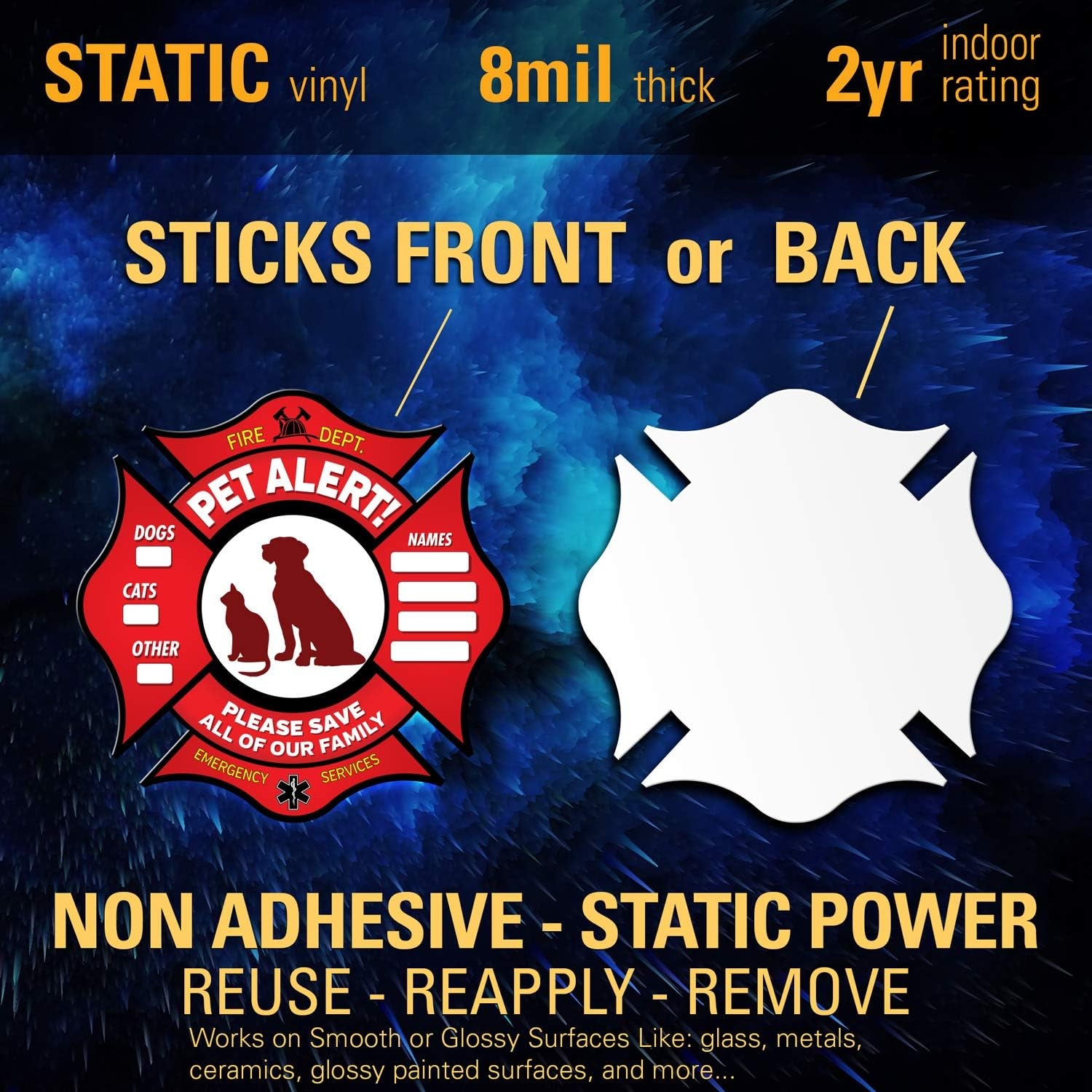 Pet Alert Stickers- FIRE Safety Alert and Rescue (6 Pack) - save Your Pets Encase of Emergency or Danger Pets in Home for Windows, Doors Sign (6PK Static Cling, Fireman Symbol)