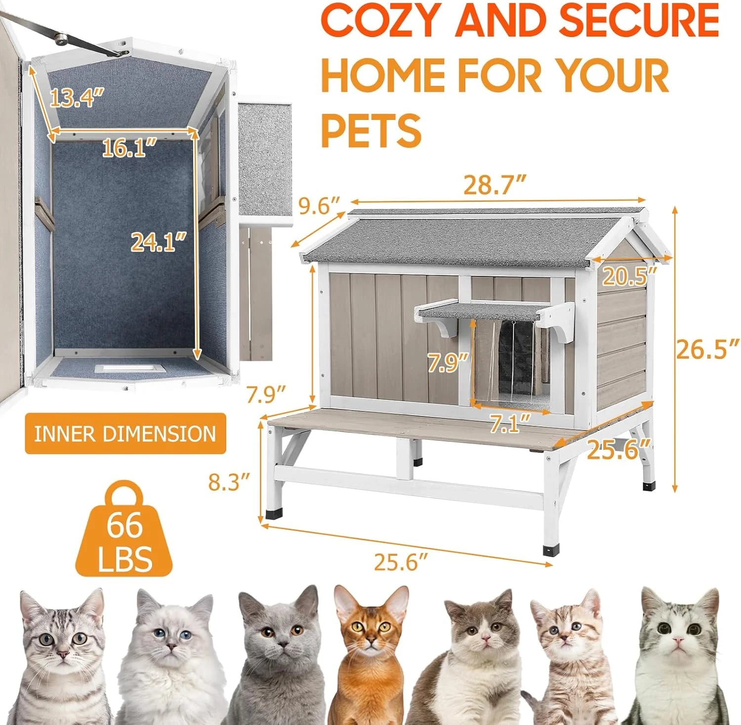 Insulated Outdoor Cat House Wooden Cat Shelter with Elevated Base for Winter