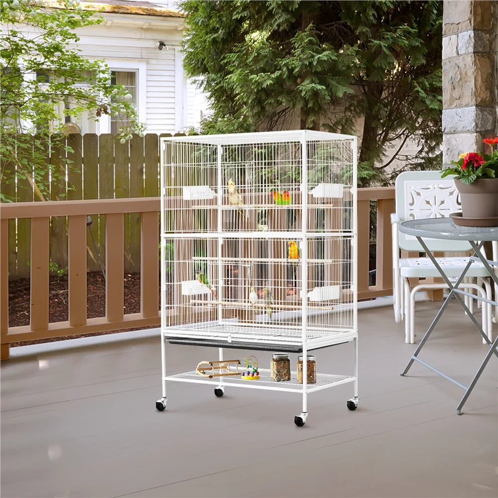 52″ H Rolling Metal Parrot Cage with 3 Perches & 4 Feeders & Extra Storage Shelf, White