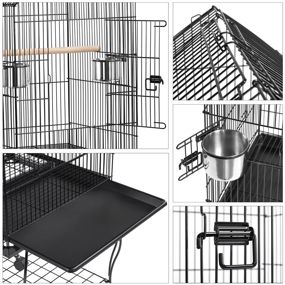 57" Rolling Metal Parrot Cage Bird with Open Top, Black
