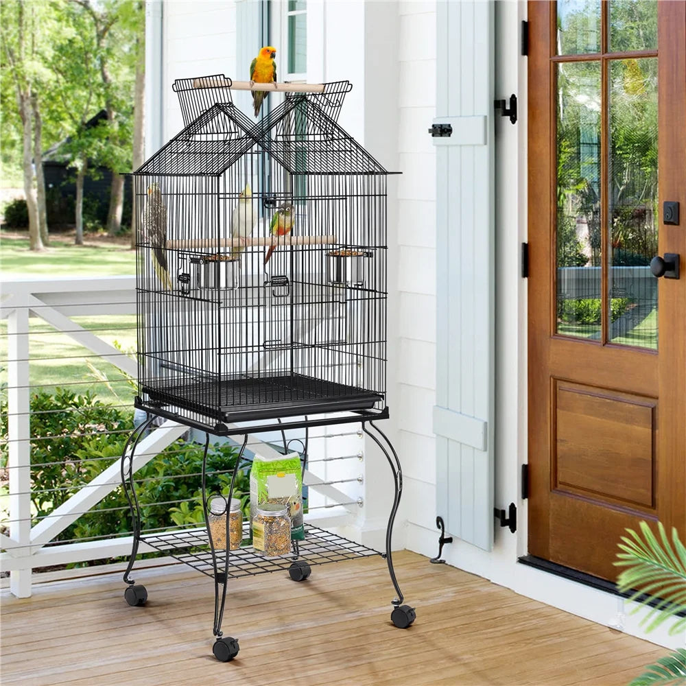 57" Rolling Metal Parrot Cage Bird with Open Top, Black