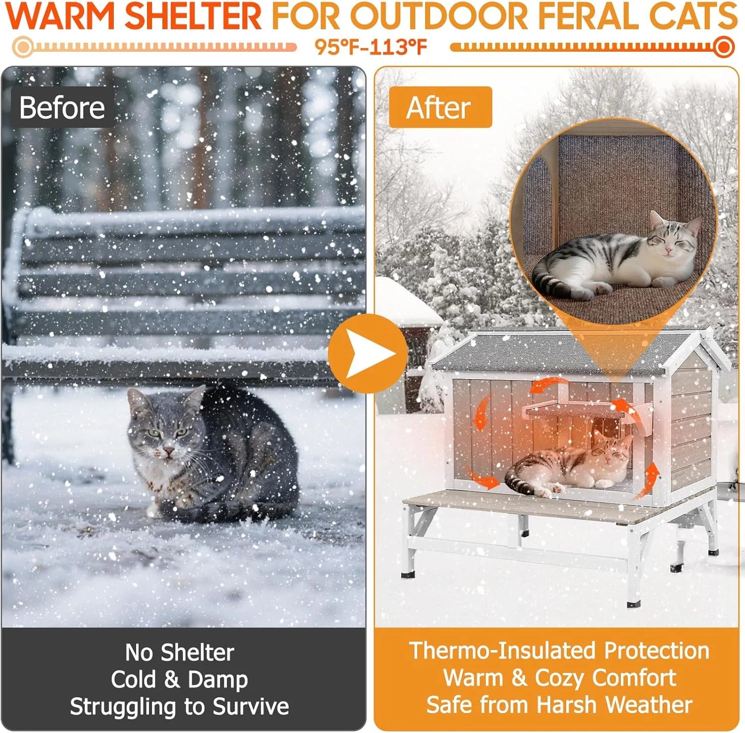 Insulated Outdoor Cat House Wooden Cat Shelter with Elevated Base for Winter
