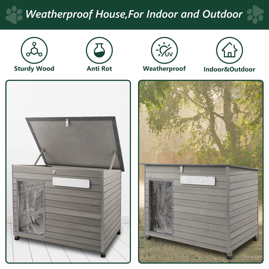 Wooden Dog House Outdoor Kennel - Waterproof Roof, Raised Feet - Gray