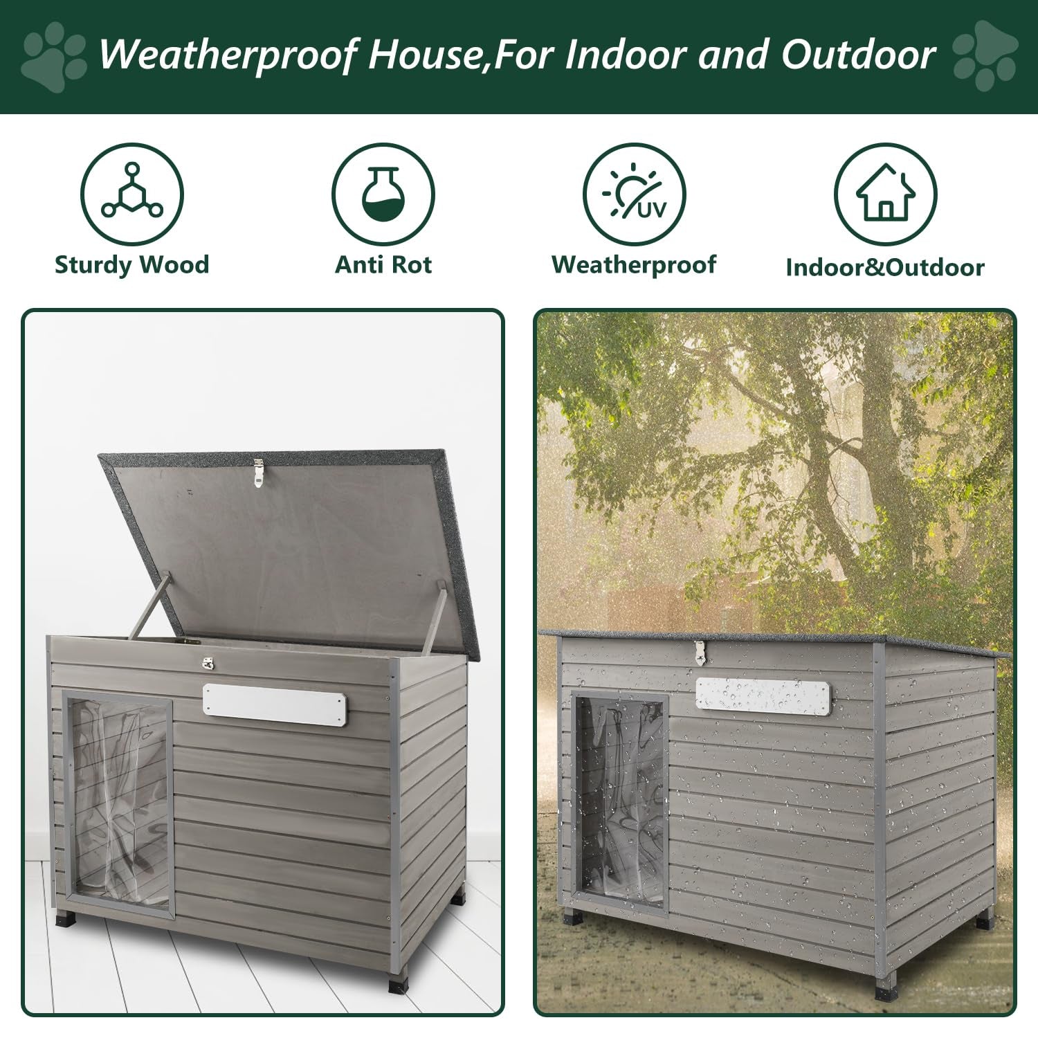Wooden Dog House Outdoor Kennel - Waterproof Roof, Raised Feet - Gray