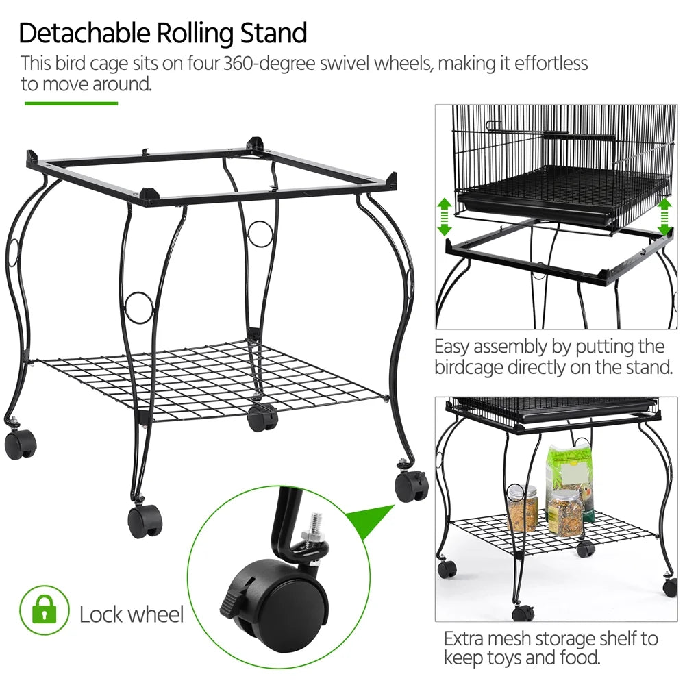 57" Rolling Metal Parrot Cage Bird with Open Top, Black