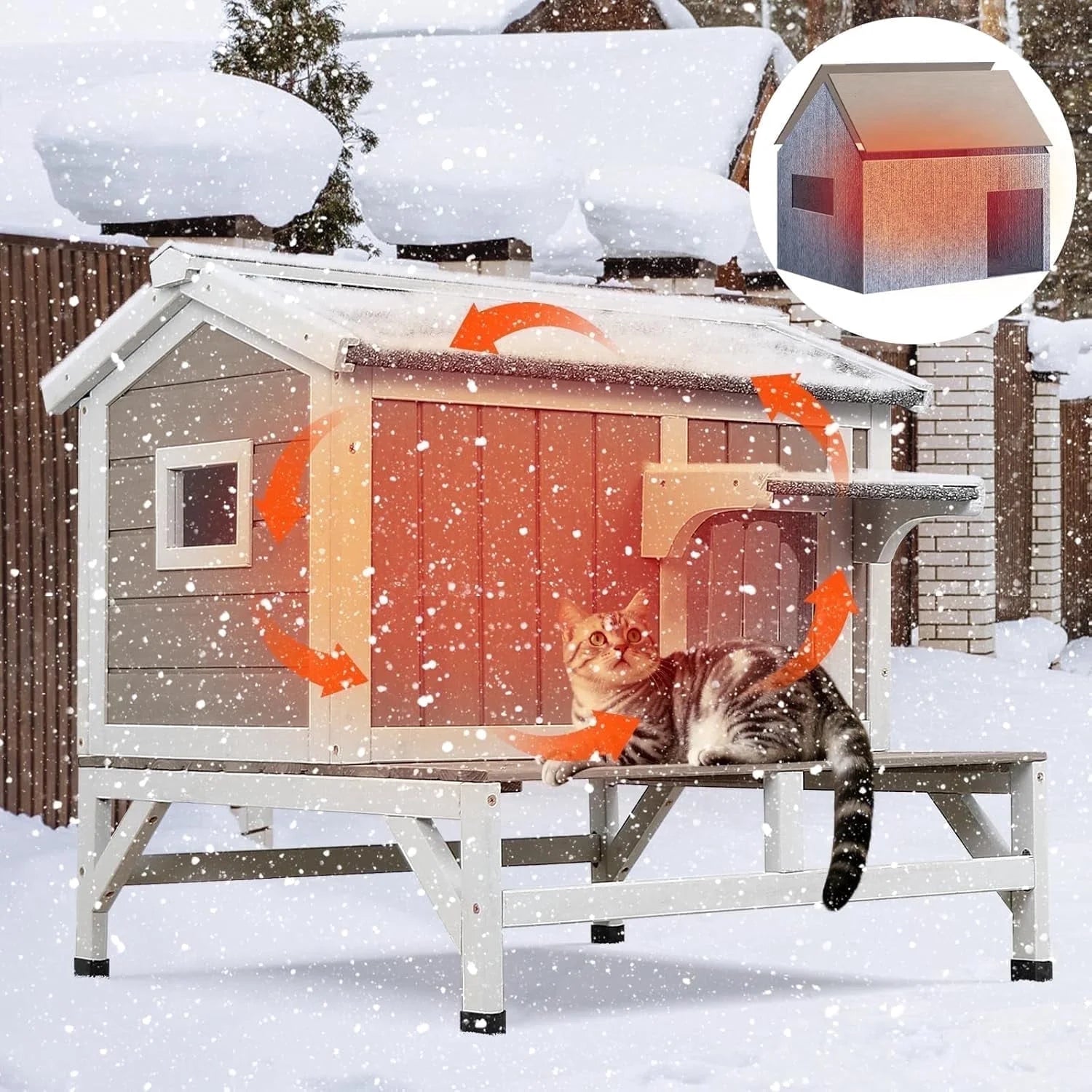 Insulated Outdoor Cat House Wooden Cat Shelter with Elevated Base for Winter