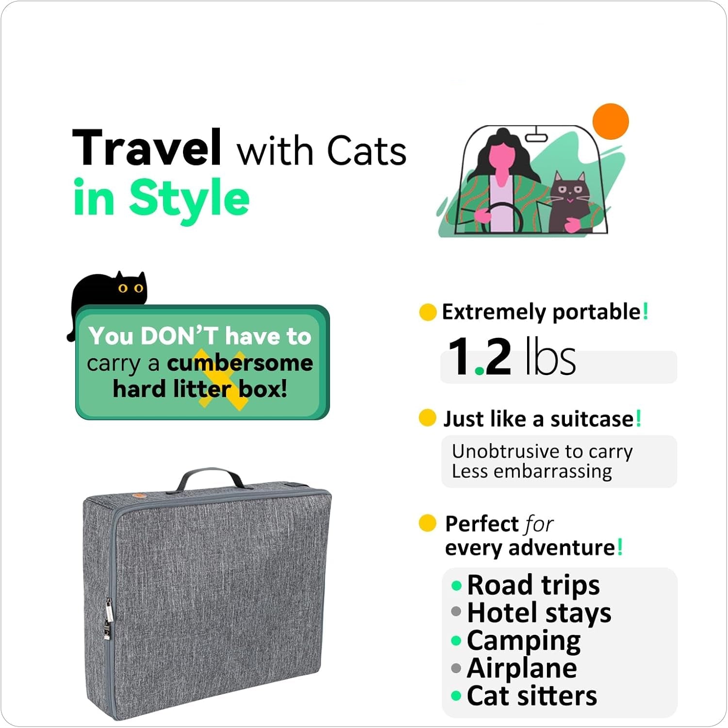 Portable Cat Travel Litter Box. Easy Use in the Car. No Leakage, Smell and Messes. One-Handed Carrying for Road Trip, Hotel Stays, Car and Airplane