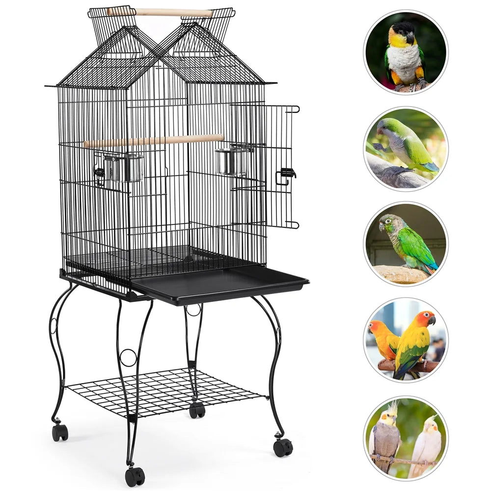 57" Rolling Metal Parrot Cage Bird with Open Top, Black