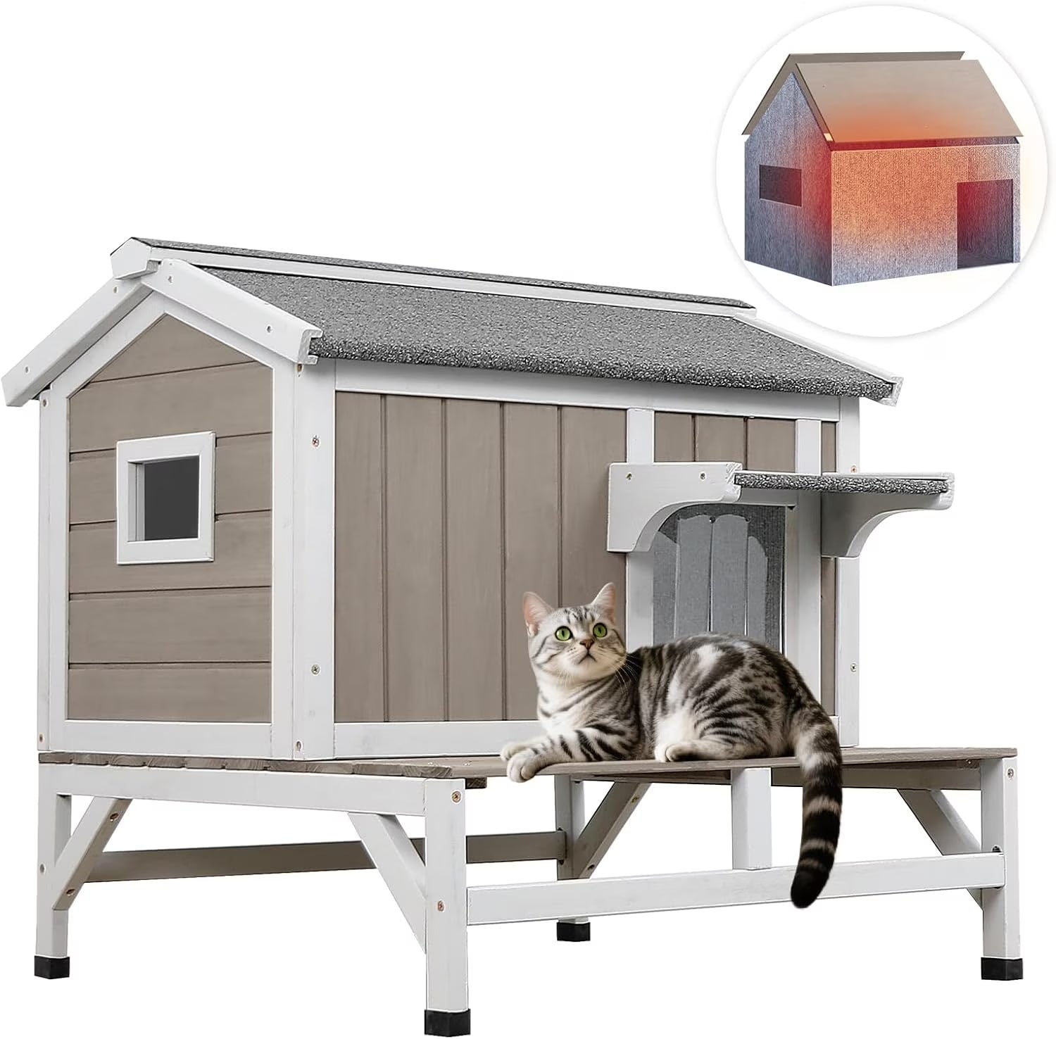 Insulated Outdoor Cat House Wooden Cat Shelter with Elevated Base for Winter