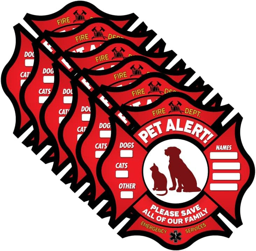 Pet Alert Stickers- FIRE Safety Alert and Rescue (6 Pack) - save Your Pets Encase of Emergency or Danger Pets in Home for Windows, Doors Sign (6PK Static Cling, Fireman Symbol)