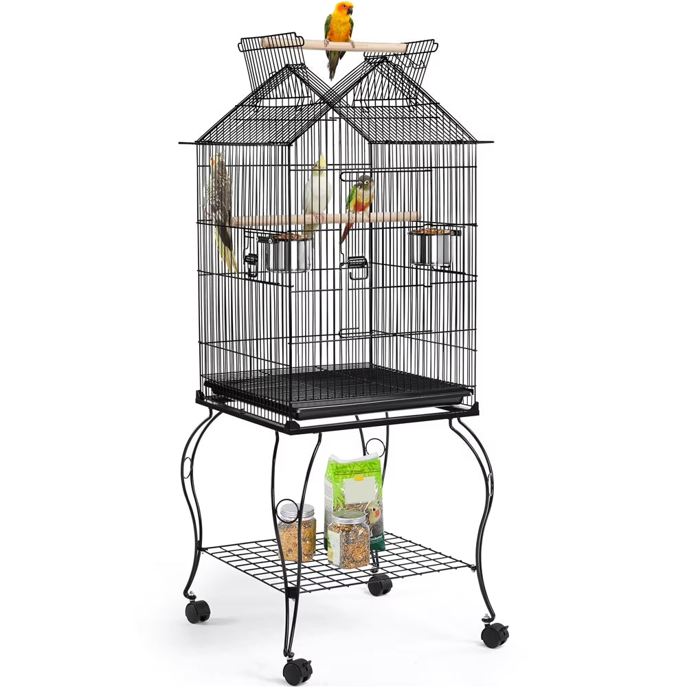 57" Rolling Metal Parrot Cage Bird with Open Top, Black