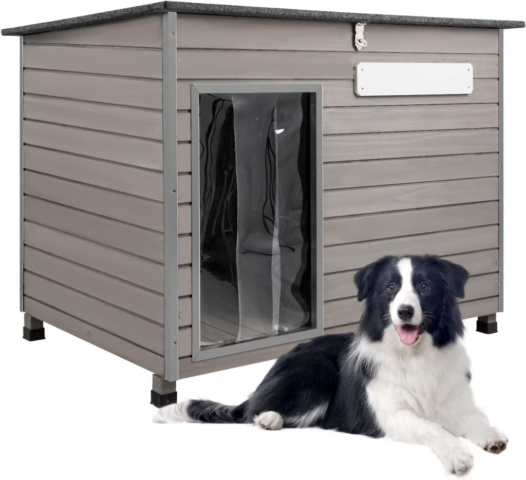 Wooden Dog House Outdoor Kennel - Waterproof Roof, Raised Feet - Gray