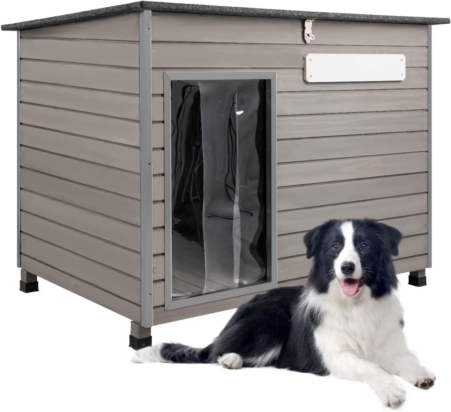 Wooden Dog House Outdoor Kennel - Waterproof Roof, Raised Feet - Gray