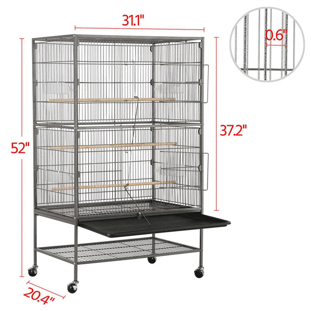 Metal 52" Large Rolling Bird Cage with 3 Perches and 4 Feeders, Black