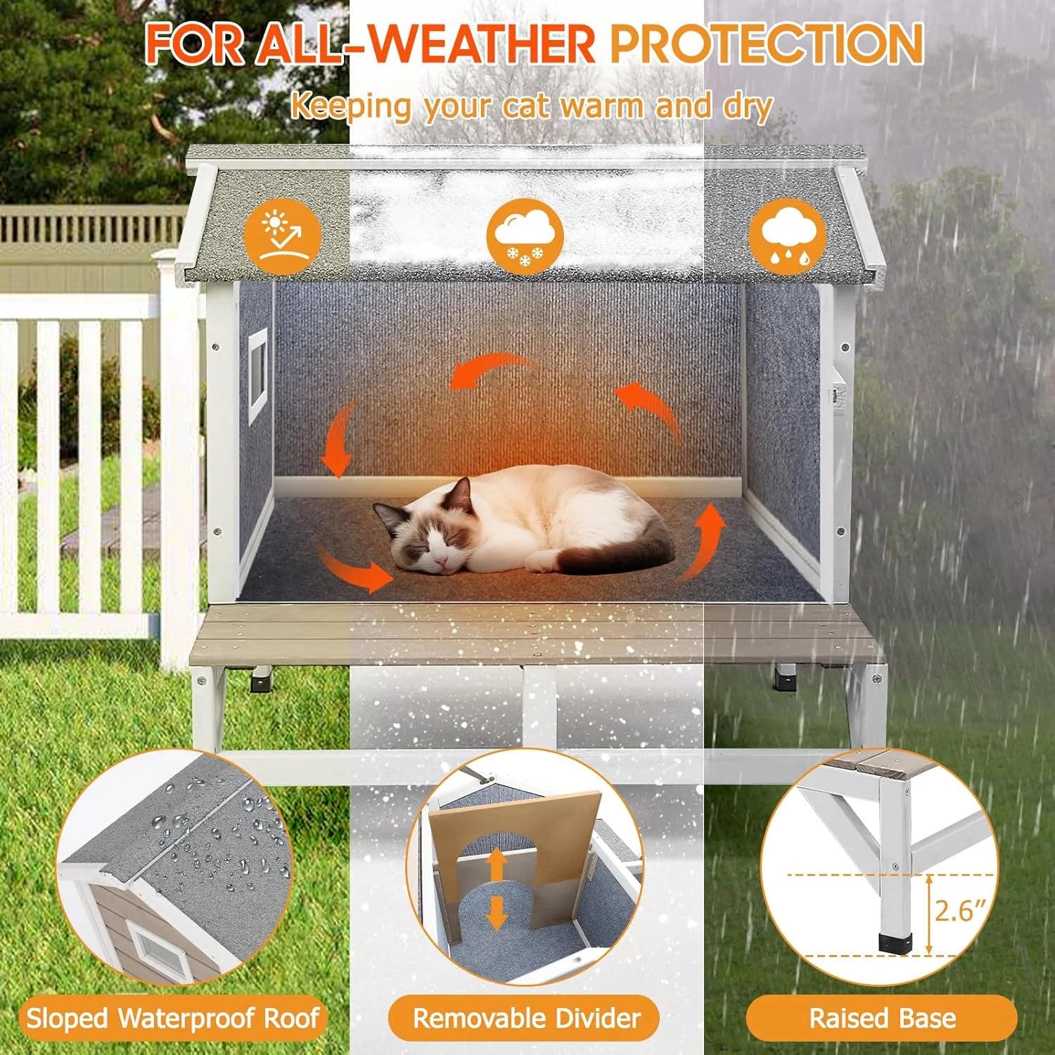 Insulated Outdoor Cat House Wooden Cat Shelter with Elevated Base for Winter