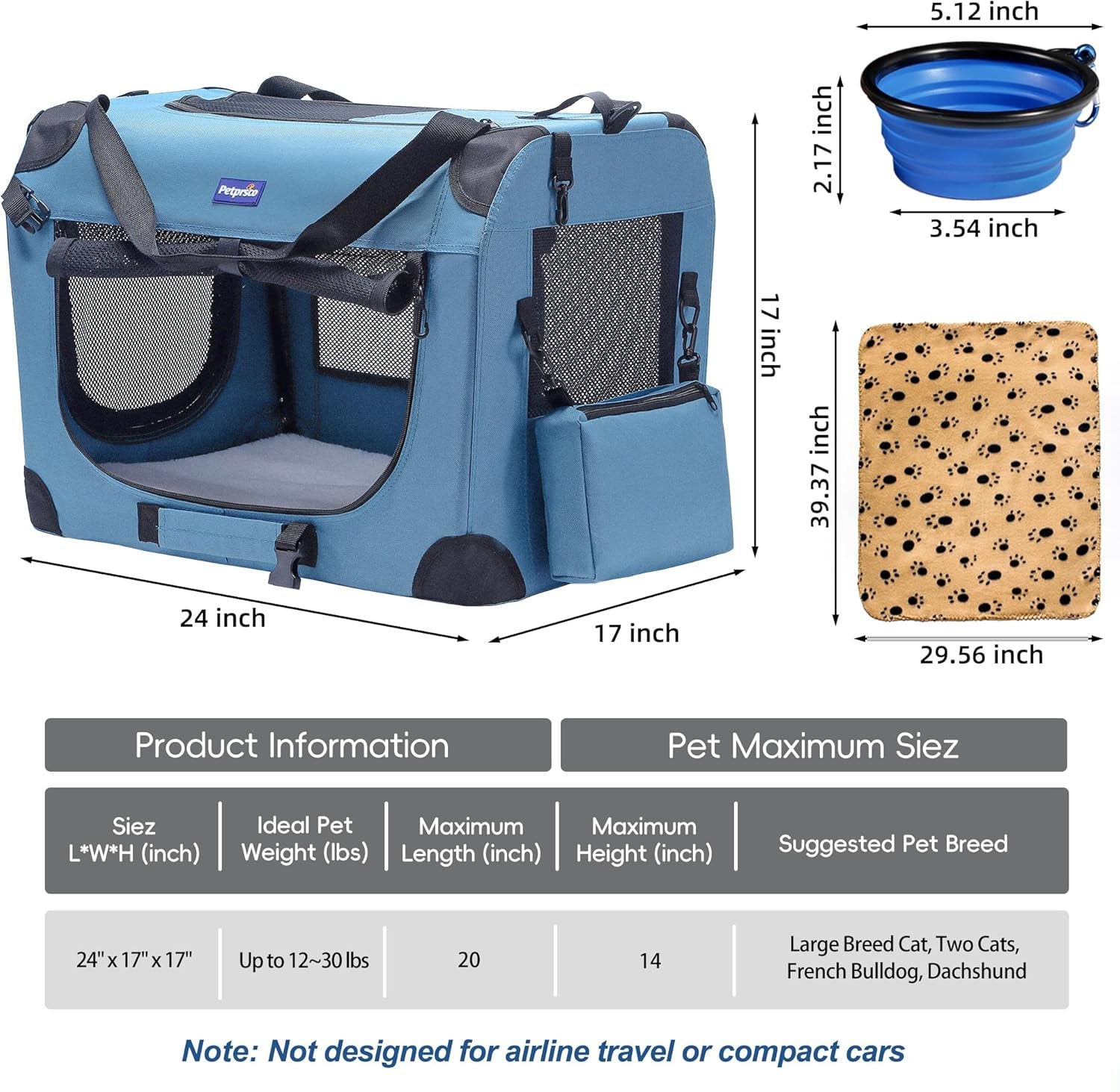 Portable Collapsible Dog Crate, Travel Dog Crate 24X17X17 with Soft Warm Blanket and Foldable Bowl for Large Cats & Small Dogs Indoor and Outdoor