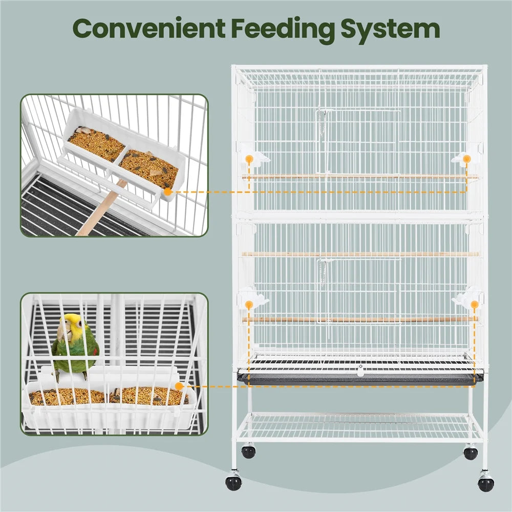 52″ H Rolling Metal Parrot Cage with 3 Perches & 4 Feeders & Extra Storage Shelf, White