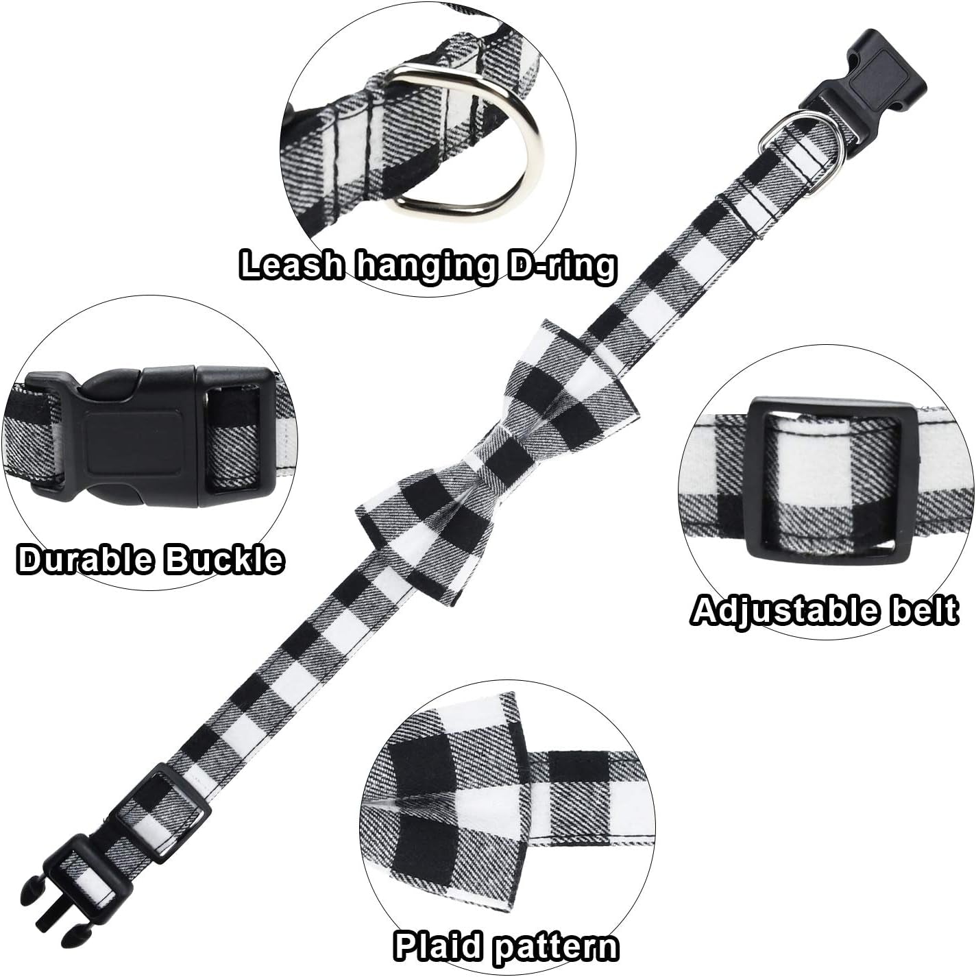 2 Pack Christmas Dog Collar with Bow Tie, Classic Plaid Pattern Dog Collar with Light Adjustable Buckle Red Dog Collar for Small Medium Large Dogs Cats Pets (Red + Black, Large)