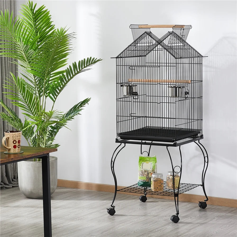 57" Rolling Metal Parrot Cage Bird with Open Top, Black