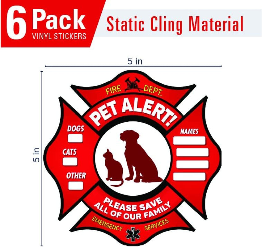 Pet Alert Stickers- FIRE Safety Alert and Rescue (6 Pack) - save Your Pets Encase of Emergency or Danger Pets in Home for Windows, Doors Sign (6PK Static Cling, Fireman Symbol)