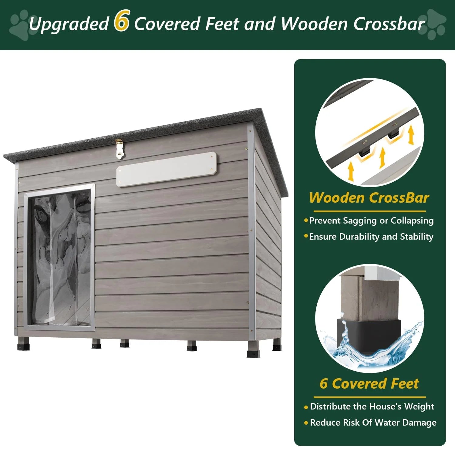 Wooden Dog House Outdoor Kennel - Waterproof Roof, Raised Feet - Gray