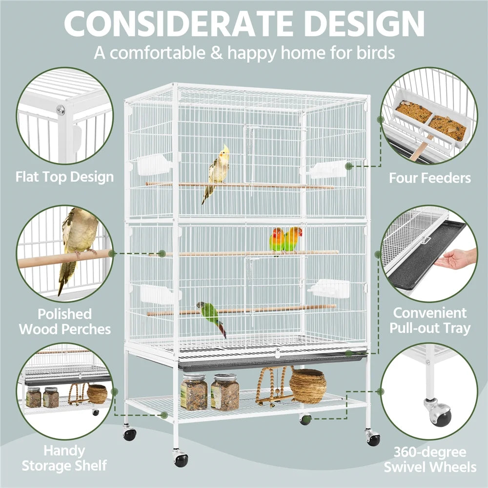 52″ H Rolling Metal Parrot Cage with 3 Perches & 4 Feeders & Extra Storage Shelf, White