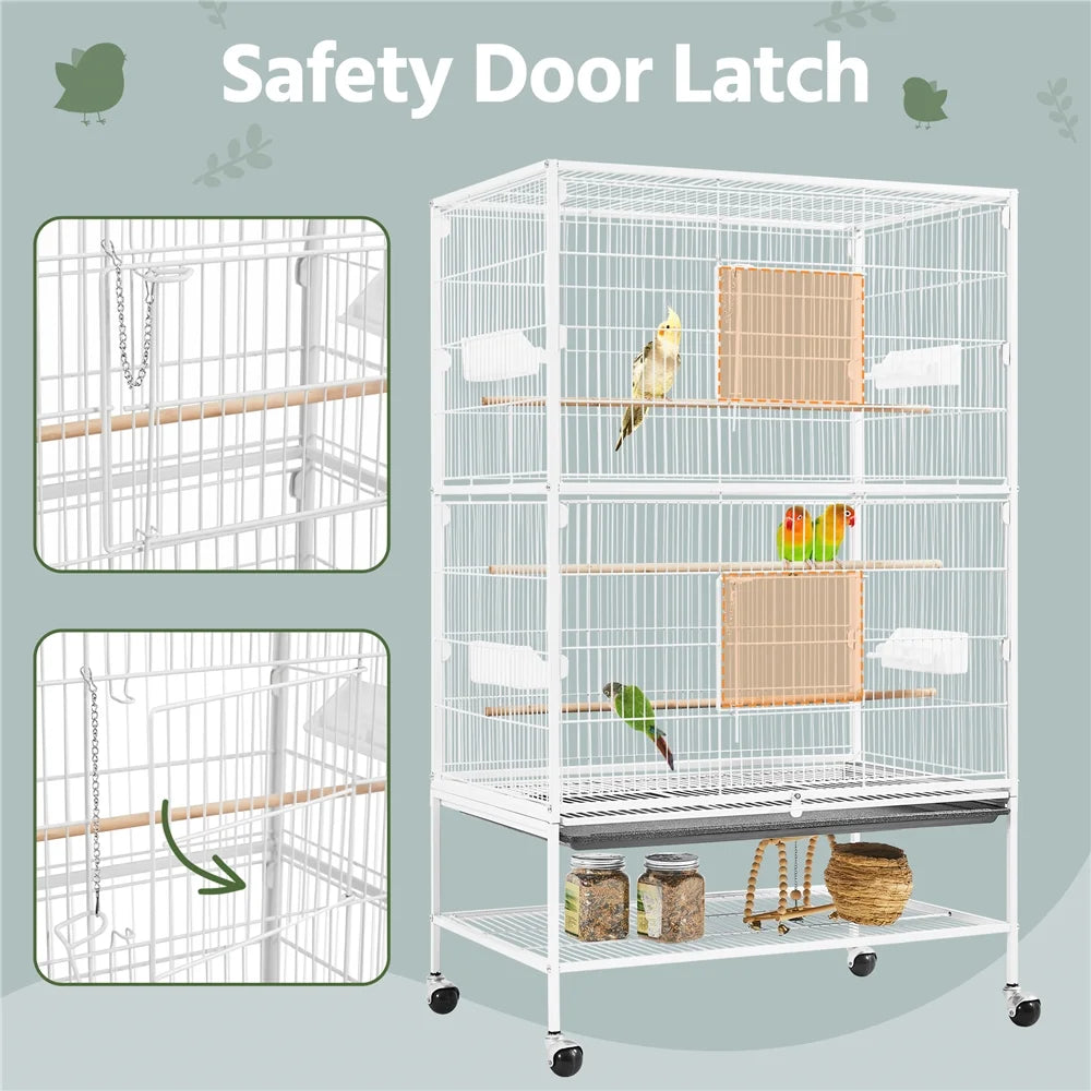 52″ H Rolling Metal Parrot Cage with 3 Perches & 4 Feeders & Extra Storage Shelf, White