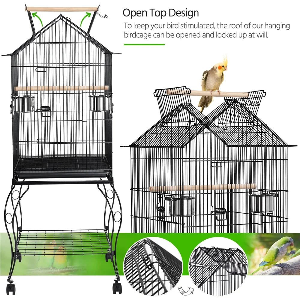 57" Rolling Metal Parrot Cage Bird with Open Top, Black