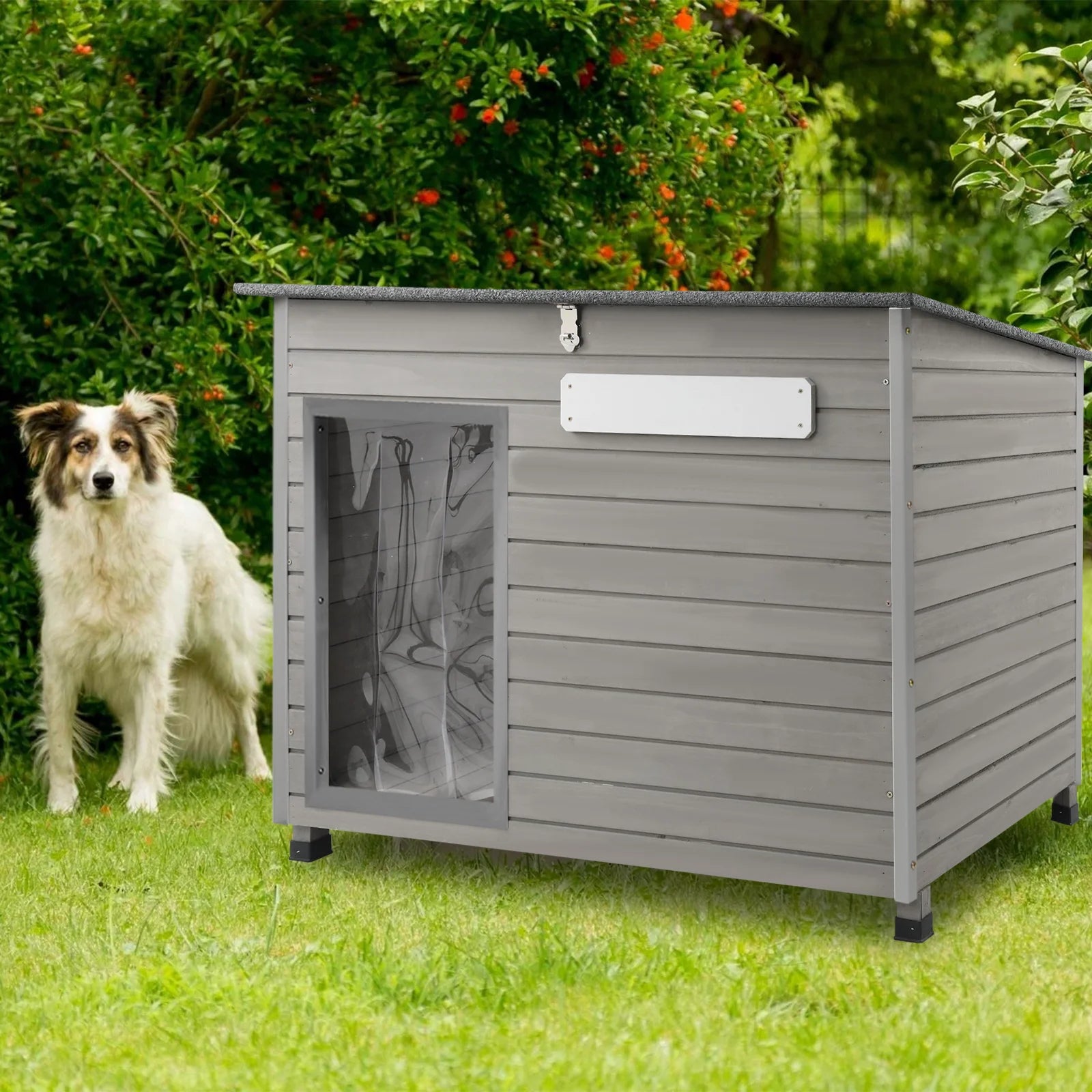 Wooden Dog House Outdoor Kennel - Waterproof Roof, Raised Feet - Gray