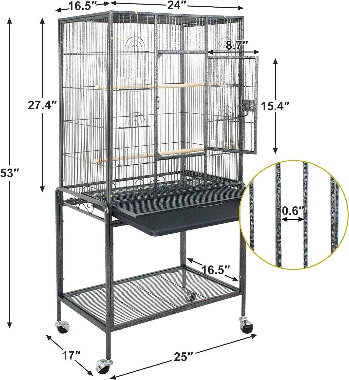 53.3 in Large Wrought Iron Bird Cage W/Perches for Cockatiels Parrot Parakeet Black