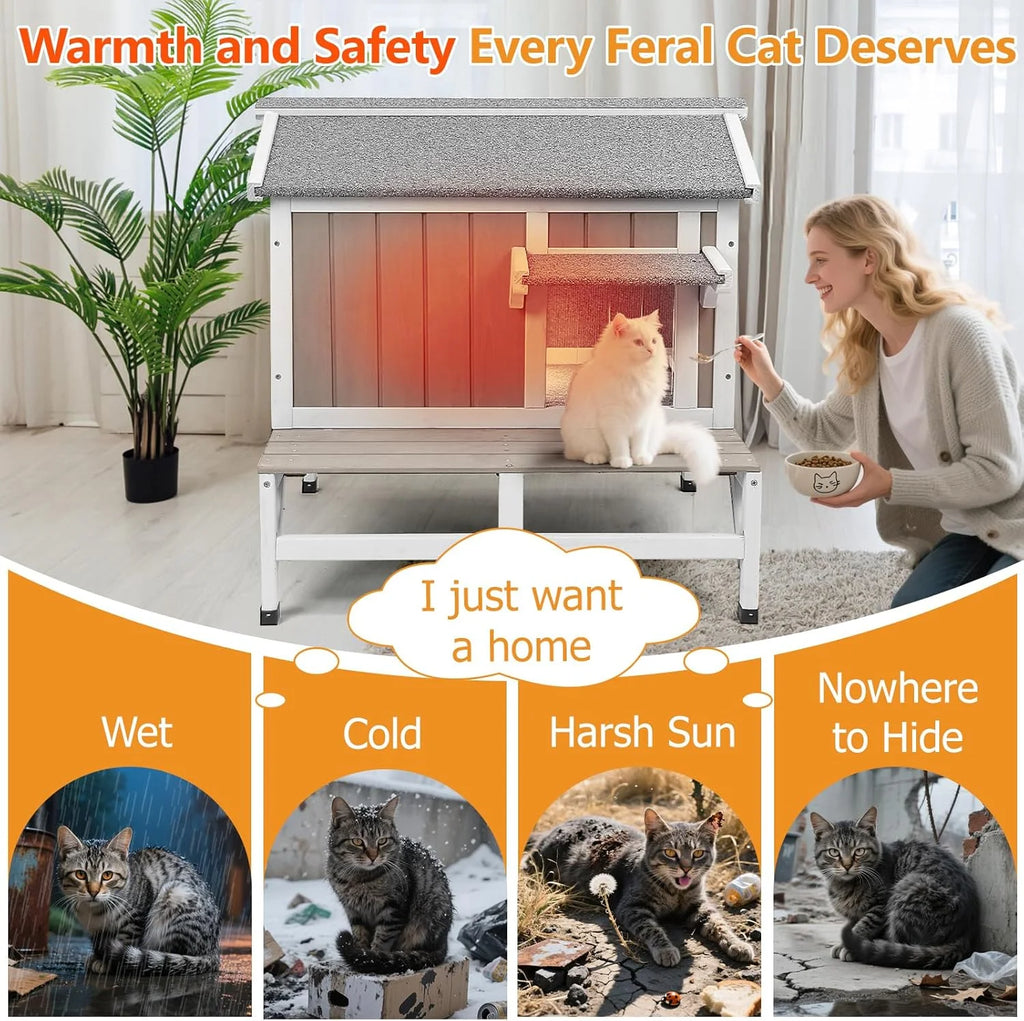 Insulated Outdoor Cat House Wooden Cat Shelter with Elevated Base for Winter