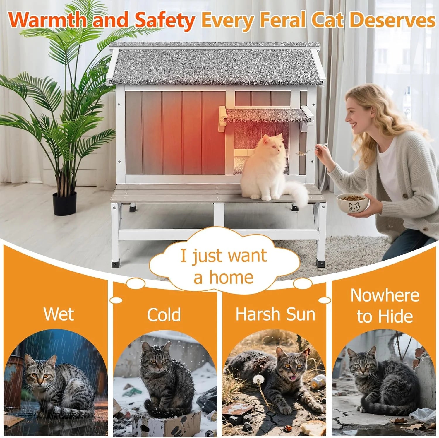 Insulated Outdoor Cat House Wooden Cat Shelter with Elevated Base for Winter