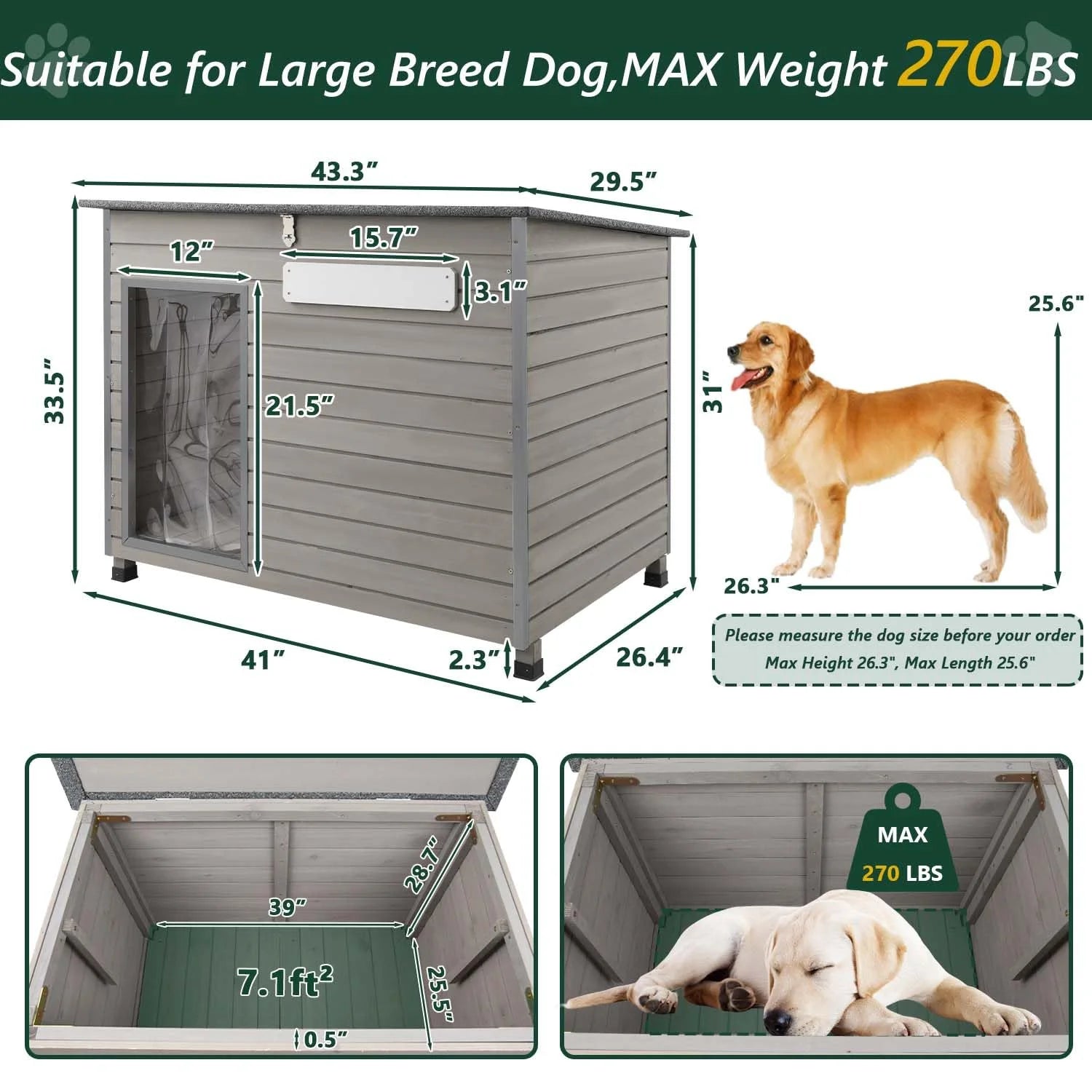 Wooden Dog House Outdoor Kennel - Waterproof Roof, Raised Feet - Gray