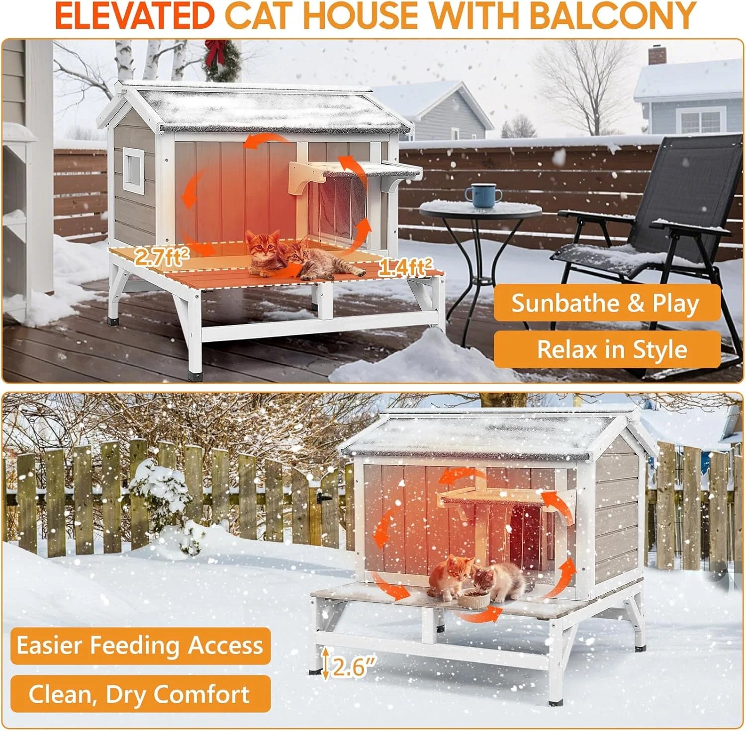 Insulated Outdoor Cat House Wooden Cat Shelter with Elevated Base for Winter
