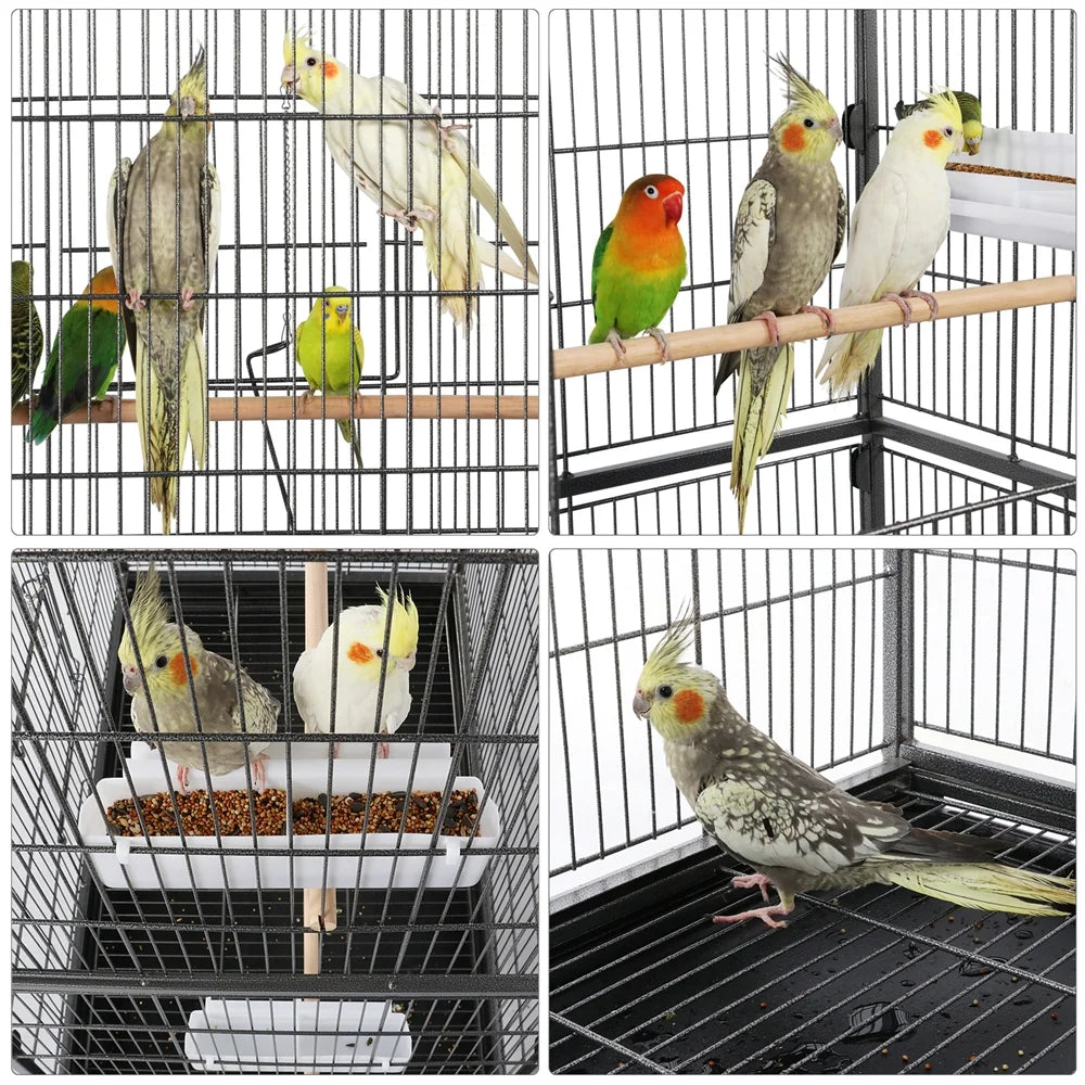 Metal 52" Large Rolling Bird Cage with 3 Perches and 4 Feeders, Black