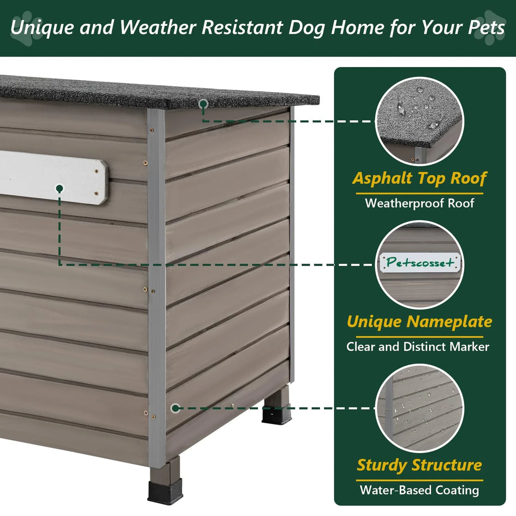Wooden Dog House Outdoor Kennel - Waterproof Roof, Raised Feet - Gray