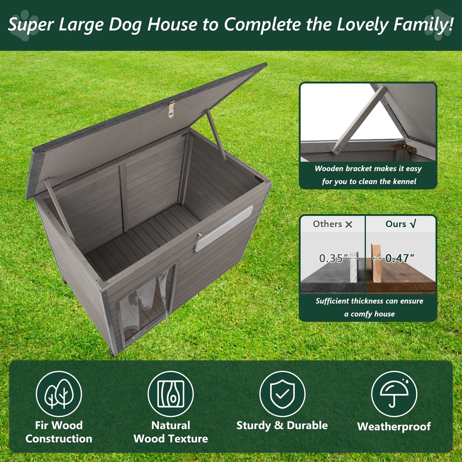 Wooden Dog House Outdoor Kennel - Waterproof Roof, Raised Feet - Gray