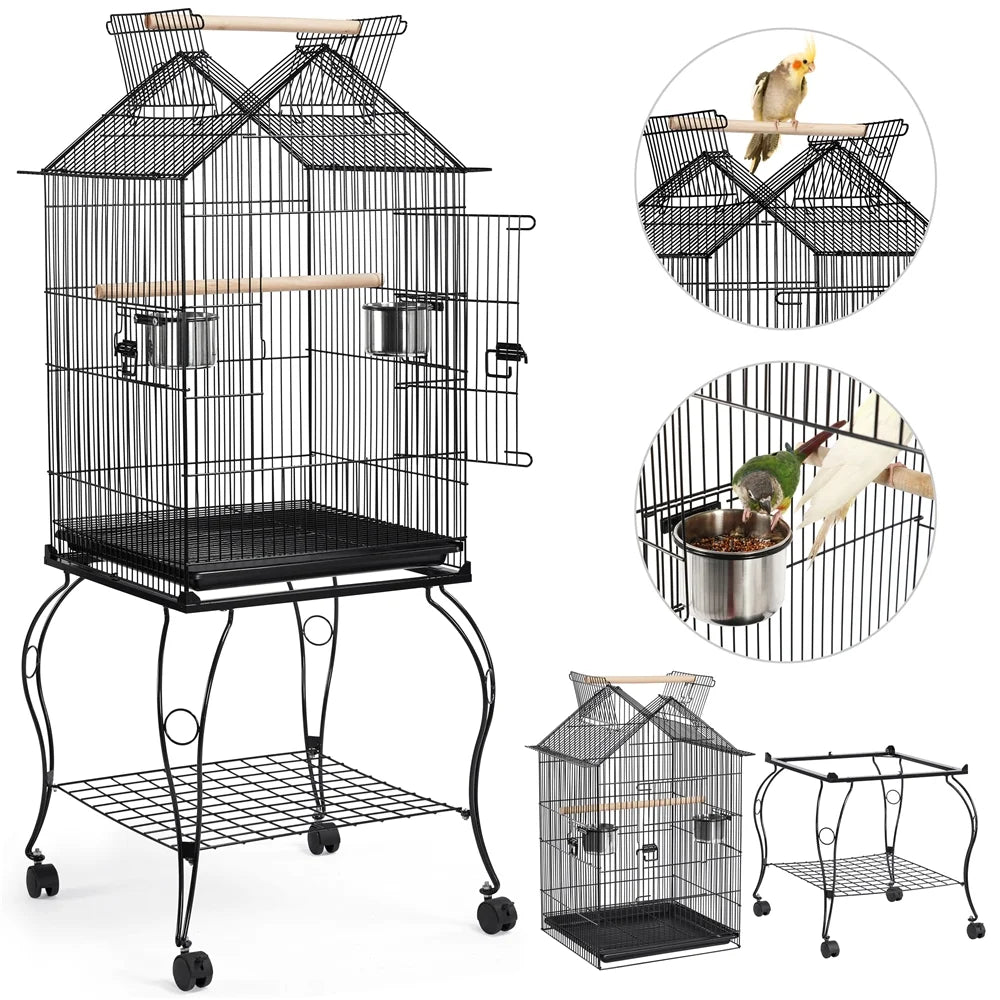 57" Rolling Metal Parrot Cage Bird with Open Top, Black