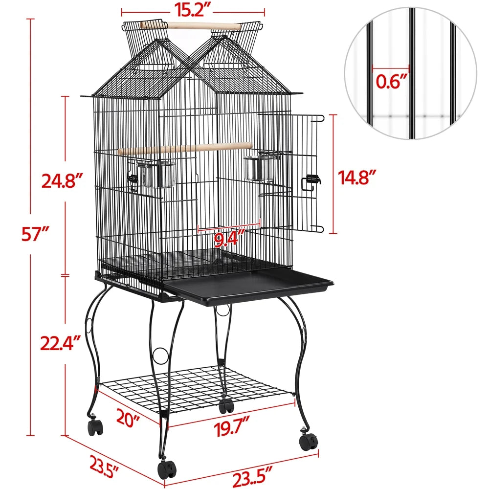 57" Rolling Metal Parrot Cage Bird with Open Top, Black