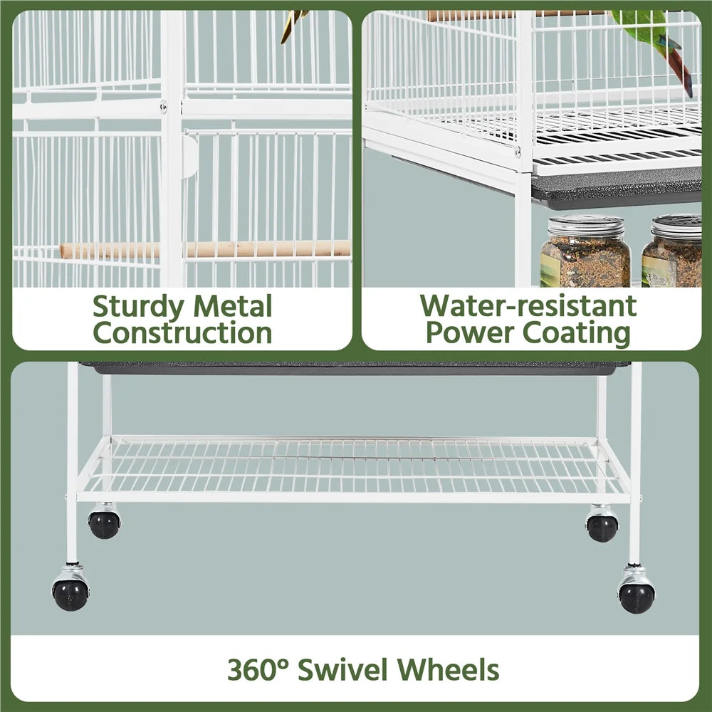 52″ H Rolling Metal Parrot Cage with 3 Perches & 4 Feeders & Extra Storage Shelf, White
