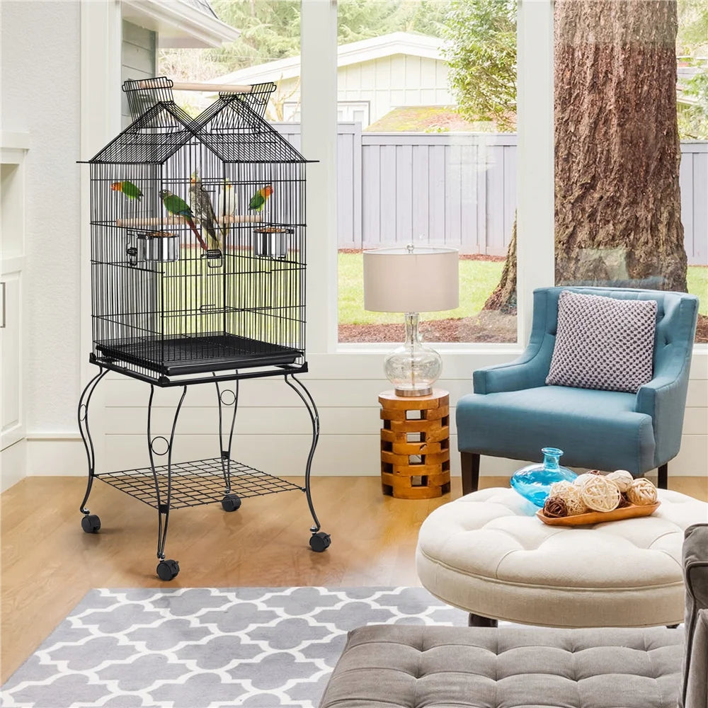 57" Rolling Metal Parrot Cage Bird with Open Top, Black