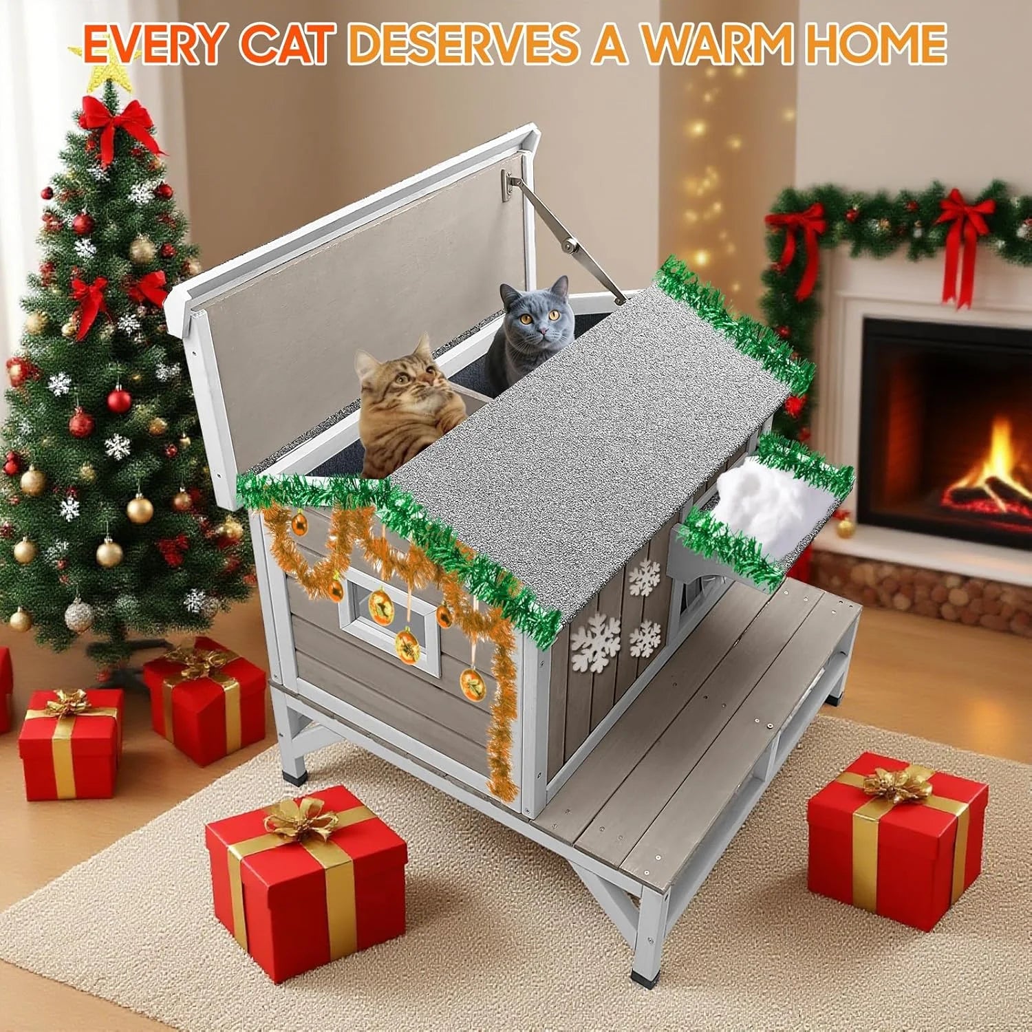 Insulated Outdoor Cat House Wooden Cat Shelter with Elevated Base for Winter