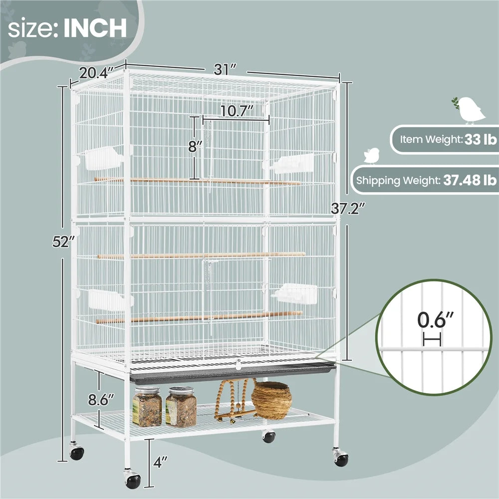 52″ H Rolling Metal Parrot Cage with 3 Perches & 4 Feeders & Extra Storage Shelf, White