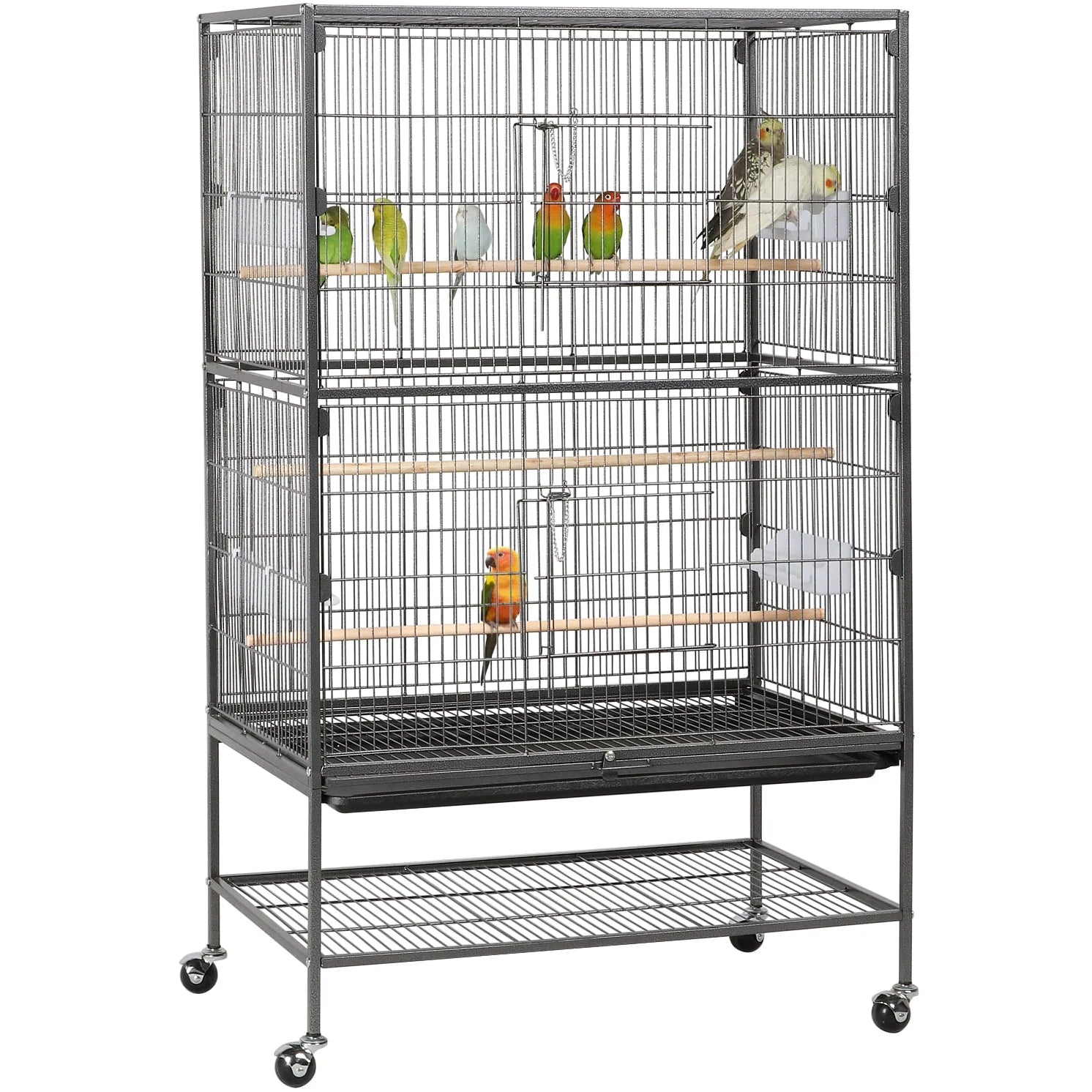 Metal 52" Large Rolling Bird Cage with 3 Perches and 4 Feeders, Black
