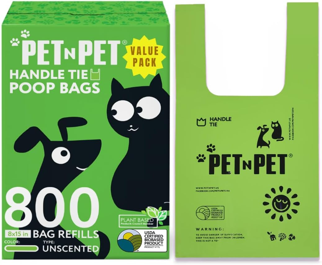 800 Counts Unscented Dog Poop Bags Rolls with Tie Handles, 41% Plant Based & 59% PE Poop Bags for Dogs, Extra-Thick Doggie Poo Bag, Pet Waste Bag