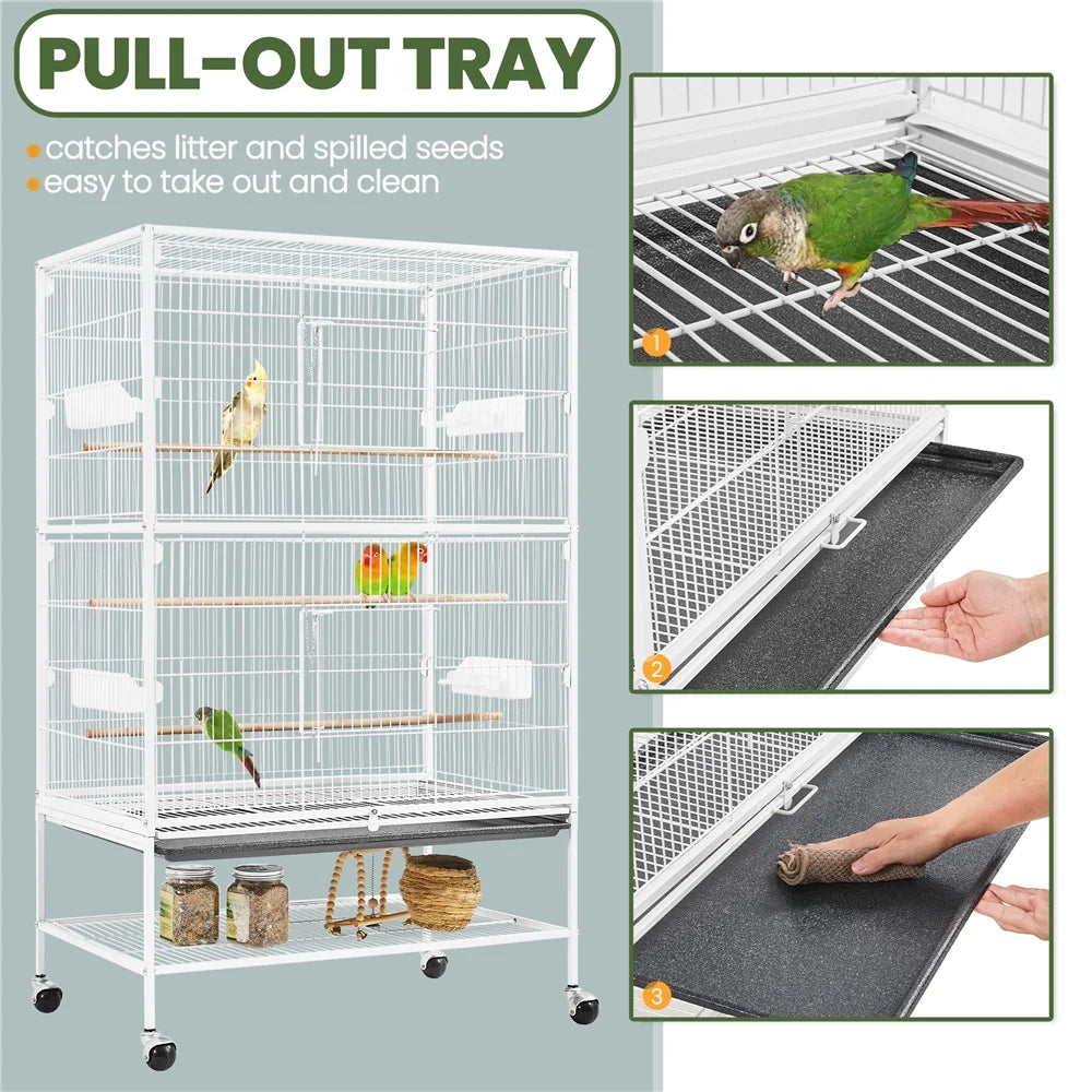 52″ H Rolling Metal Parrot Cage with 3 Perches & 4 Feeders & Extra Storage Shelf, White